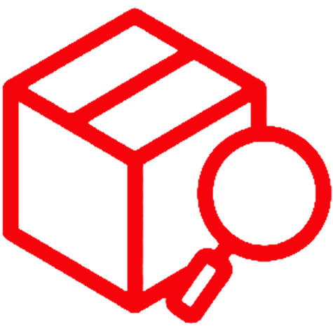 Red outline of a cardboard box with a magnifying glass icon in front, symbolizing package tracking or inspection.