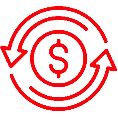Red outline of a dollar sign inside a circle, surrounded by two circular arrows indicating financial transaction or money exchange.