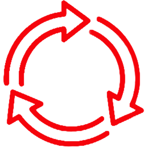 Two red circular arrows form a continuous loop, representing a cycle or recycling process, on a white background.