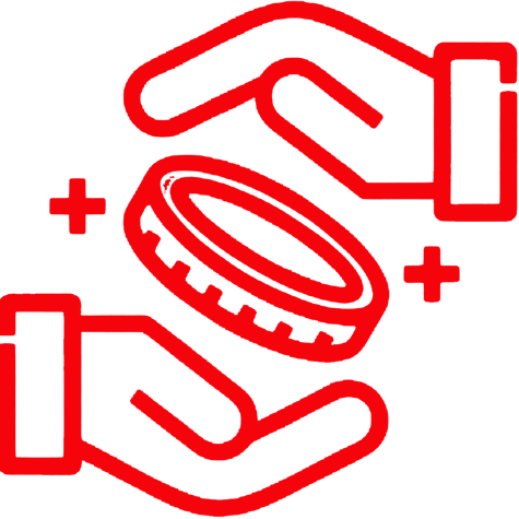 Two red outlined hands surround a coin with plus symbols on each side, suggesting giving or exchanging money.