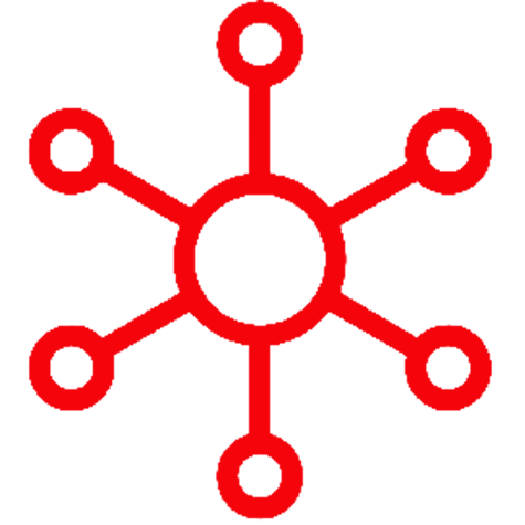 A red outline of a central circle with six lines extending outward, each ending in a smaller circle, on a light background.